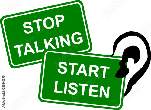 Vektor Darstellung Sozialverhalten - Stop talking - Start listen - Zuhören und Verstehen - Verhalten
