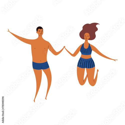 Young couple in swimsuits jumping cute cartoon characters illustration. Hand drawn flat style design, isolated vector. Summer holidays, vacations, outdoors, beach activity, pool, seasonal element