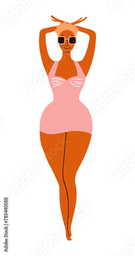 Young woman in swimsuit, sunglasses, sunbathing cute cartoon character illustration. Hand drawn flat style design, isolated vector. Summer holiday, vacations, outdoors, beach activity, pool element