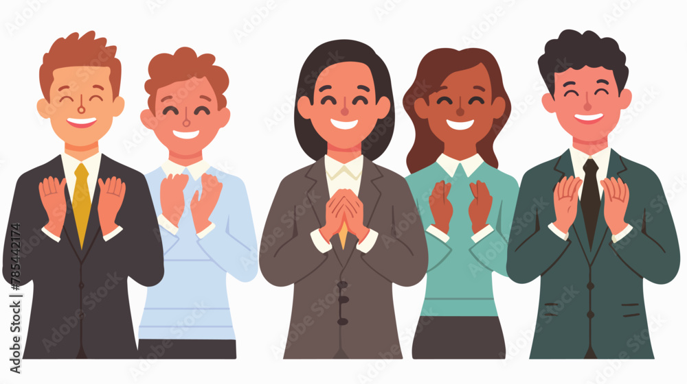 Group of cheerful business man woman pointing index