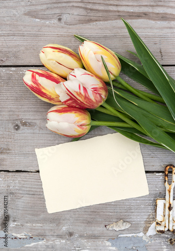 Bouquet of striped tulips in red, yellow and white and card with copy space