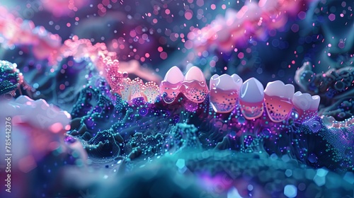 3D render of a set of pearly white teeth with pink gums against a blue background. photo