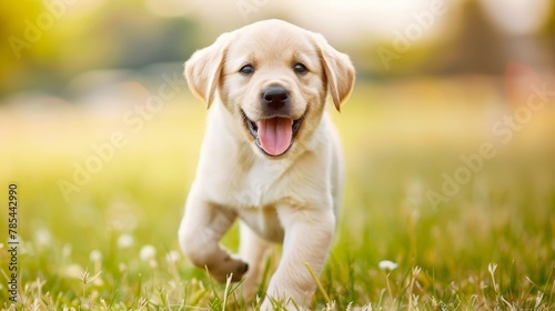 Adorable puppy happily playing in the vibrant green grass, joyful pet enjoying a carefree romp photo