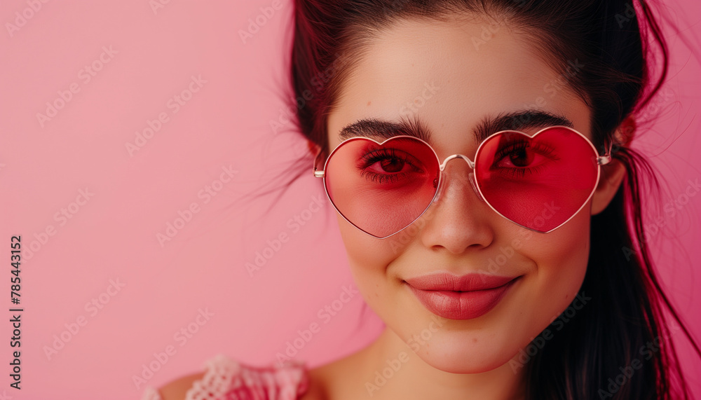 Young woman in pink heart sunglasses Young woman in pink heart sunglasses