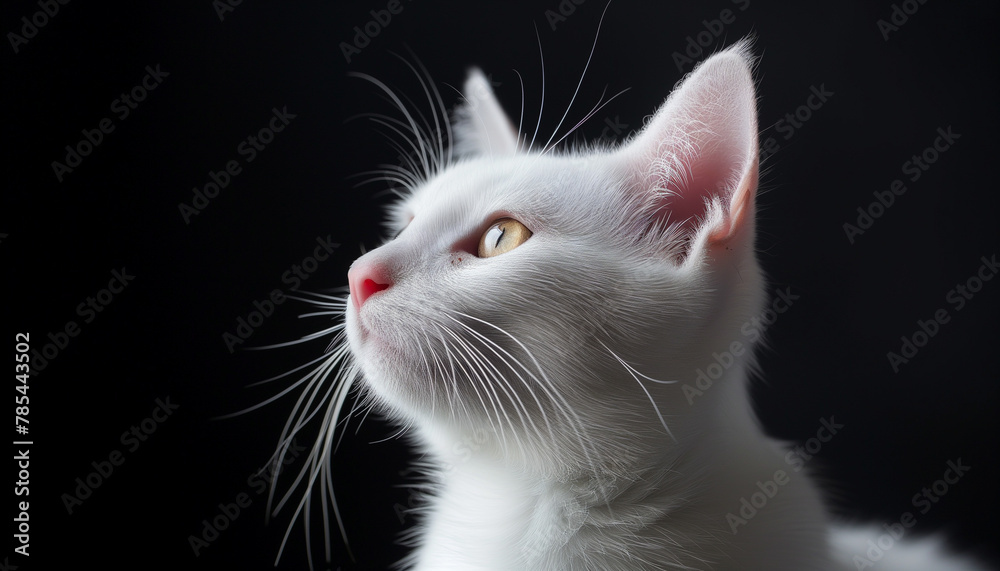 White cat on black background