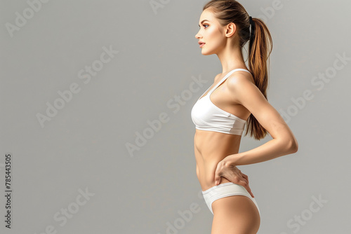 A woman in a white tank top and white pants poses for a photo. Concept of confidence and fitness, as the woman is wearing a tight-fitting outfit and he is in good shape photo