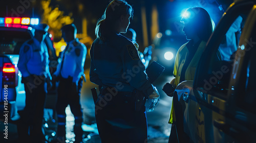Crime Scene at Night: Crime Scene Investigation Team Working on a Murder. Female Police Officer Briefing Detective on the Victim's Body. Forensics and Paramedics Working. 