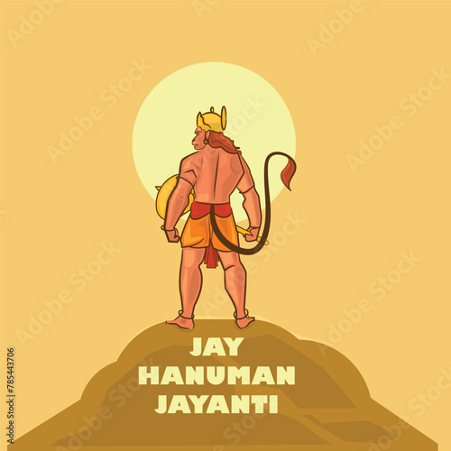 Hindu God Lord Hanuman standing on a mountain peak. Vector illustration. 