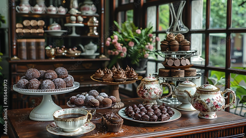 An assortment of vintage-inspired delights, from handcrafted chocolates to antique tea sets, reminiscent of a bygone era of sophistication.