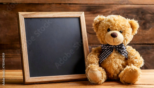 Close-up of a cute smiling teddy bear sitting on a wooden table near an empty blackboard with wooden frame and copy space. Teddy bear looking at camera. Generative Ai.