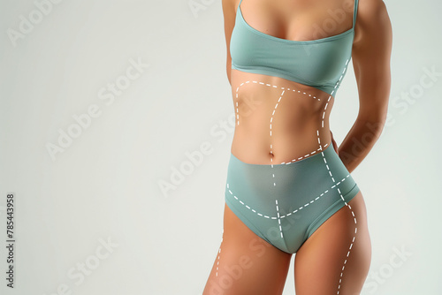 A woman is wearing a green bikini top and bikini bottoms. The bikini bottoms are designed to look like they have been surgically removed photo