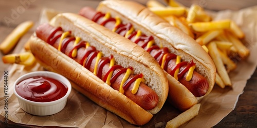 Two Delicious Hot Dogs With Mustard And Ketchup On a Table, French Fries And Ketchup Pot On The Side, Closeup Photo