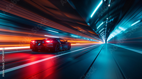 Racing car at high speed riding in illuminated road 