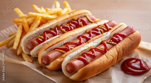 Three Hot Dogs With Mustard, Ketchup, And French Fries On The Side On Top Of a Wooden Table