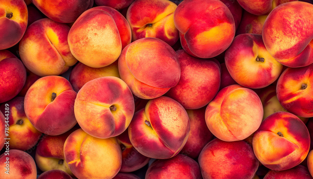 A pile of fresh peaches, closeup, top view as background A pile of fresh peaches, closeup, top view as background