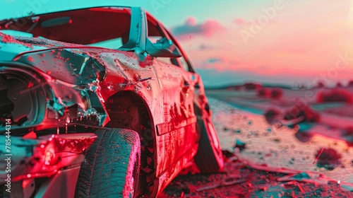 Dramatic sunset car accident scene with shattered glass