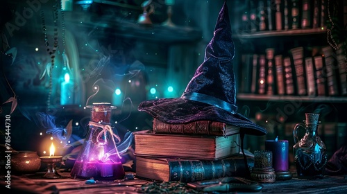 Enchanting witchcraft corner with spell books, magical potions, and wizard hat