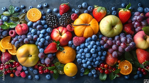 Explore a mosaic of nature s bounty as ripe fruits mingle gracefully  each lending its essence to the vibrant ensemble.