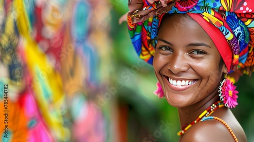 Radiant smile of a young dark-skinned woman wearing colorful headwrap