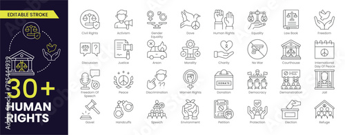 Human Rights line icon collections contains such as democracy, equality of rights, Gender Equality, tolerance, activism, Charity, No War,freedom. Stroke icon collection editable Outline icon
