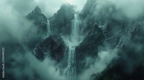 Explore the hidden depths of a misty mountain valley, where towering peaks soar into the heavens. Waterfalls cascade down sheer rock faces, disappearing into the swirling mists below photo