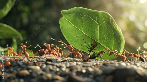 a group of ants working together to carry a large leaf back to their nest, showcasing the efficiency and collaboration of teamwork in the animal kingdom © Varunee