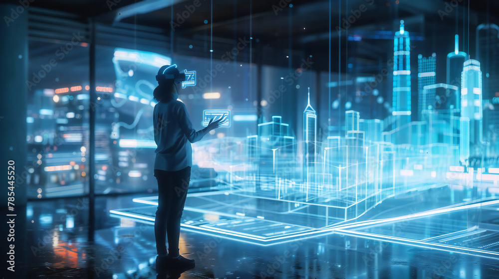 a man standing in front of a large screen with a city map hologram a man standing in front of a large screen with a city map hologram