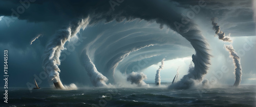 An apocalyptic vision of a gigantic supercell spawning multiple tornadoes over a turbulent ocean, with shafts of light photo