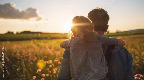 Father carries child on his back, son hugs dad in field at sunset, happy father's day, banner, copy space