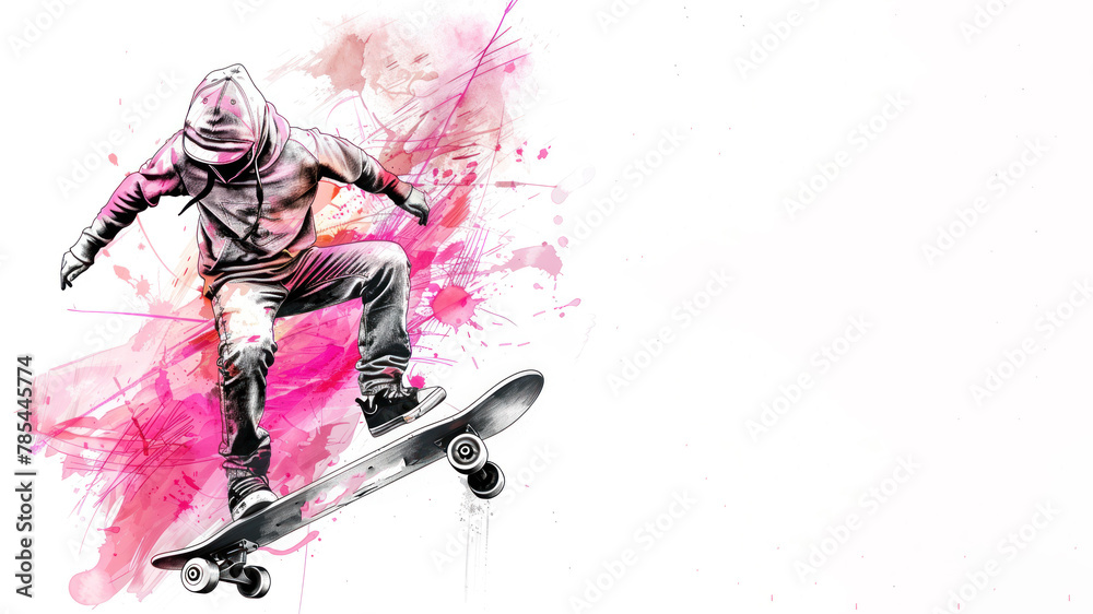 Pink watercolor of skateboard player in action performing trick