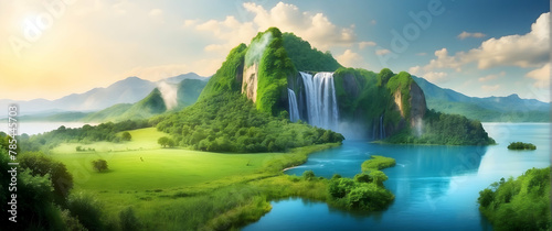 A breathtaking scene with a large waterfall cascading down a mountain amidst lush greenery and a calm lake in the foreground