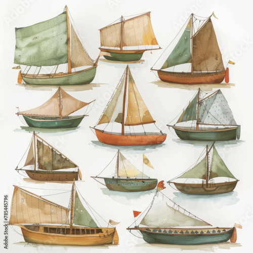 Sailing boat, hand painted watercolor illustration. The scene gives a painting of serene woody plants on a grassy landscape