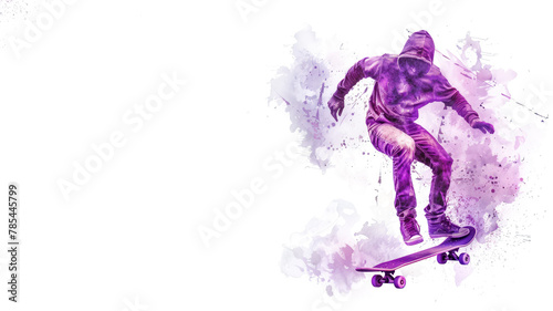 Purple watercolor of skateboard player in action performing trick
