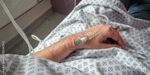 Close up on perfusion tube on a hand in an hospital