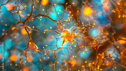 3D Illustration of Neuron Cells with Glowing Synapses in Brain Activity Concept