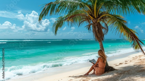 A woman in a flowing sundress reads a book under a palm tree on a secluded beach  the turquoise waves gently lapping at the shore  creating a peaceful escape photo