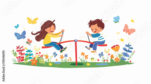 Happy girl and boy kids swinging on seesaw. Friends