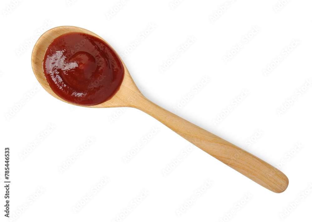 Tasty barbecue sauce and spoon isolated on white, top view Tasty barbecue sauce and spoon isolated on white, top view