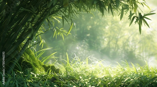 Tranquil bamboo forest and lush green meadow with soft natural light in blurred style photo
