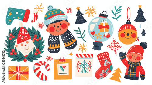 Happy New Year and Merry Christmas kids stickers set.