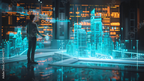 a man standing in front of a large screen with a city map hologram