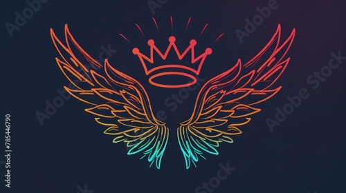 Behold, a celestial spectacle unfolds against the backdrop of the night, where radiant neon lights form the silhouette of angelic wings and a resplendent crown.