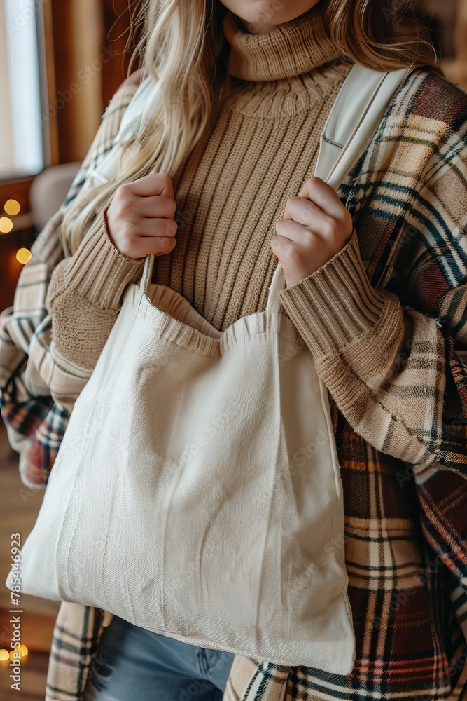 Fototapeta premium Young woman holding a white fabric tote bag on blurred background with space for text