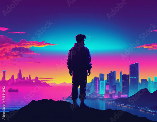 silhouette of a person looking at the city, vaporwave wallpaper 