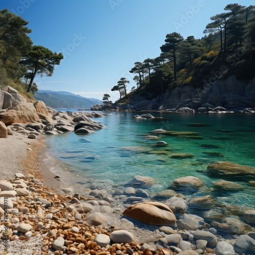 rocky beach tall trees and water in the style UHD Wallpaper