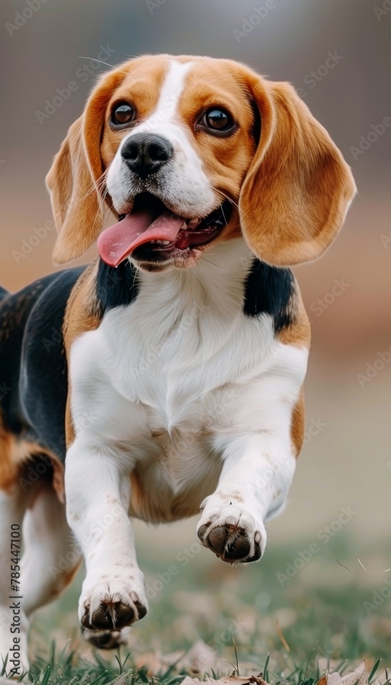 Happy beagle playfully running in vibrant green grass field, enjoying outdoor playtime