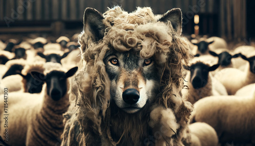 A wolf with fierce amber eyes sparkling through a hole in the sheep's wool. The costume makes it almost indistinguishable from a real sheep.