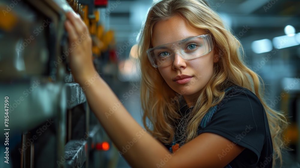 Fototapeta premium A young woman in protective glasses is conducting experiments in the laboratory, doing scientific researc