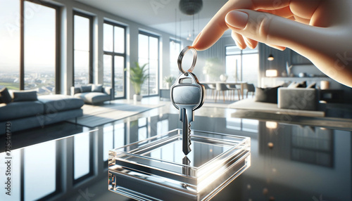 A close-up image of a pair of elegant keys lying on a table, with the soft glow of the morning light of a new apartment. This image suggests a theme of real estate investment and the upscale market. photo