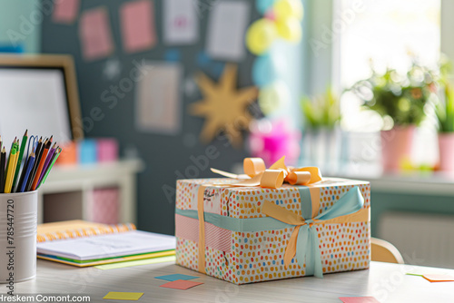 A teacher's desk with a gift wrapped in colorful paper and a thank you card from students, showing appreciation, with classroom elements in the background, soft light, with copy sp